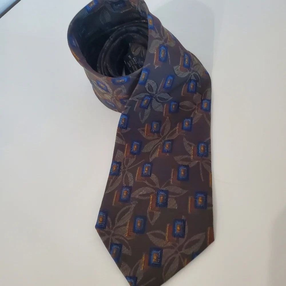 ERMINEGILDO ZEGNA Silk Wool Blend Neck Tie Leaf Geo Tan Gold Blue Green Italy